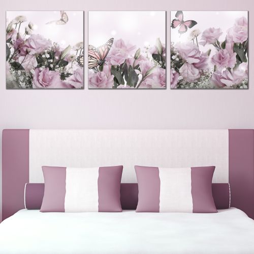 bedroom wall decoration set 3 pcs. purple roses