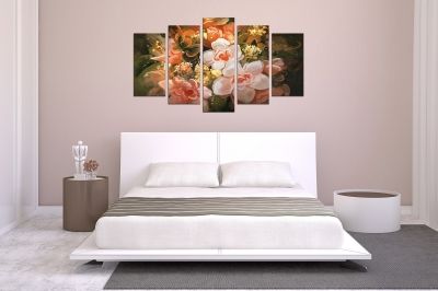 декоративно пано за спалня с красиви цветя зелено, оранжево и розово