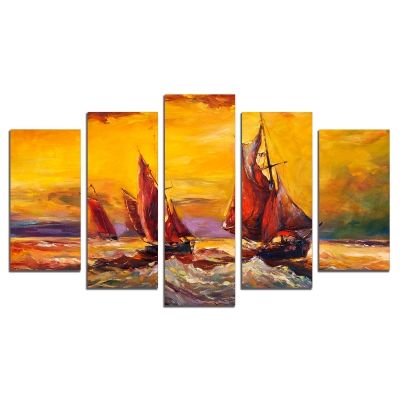 0503 Картина-пано от 5 части Морски пейзаж с лодки