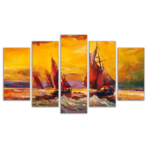 0503 Wall art decoration (set of 5 pieces) Sea landscape with boats