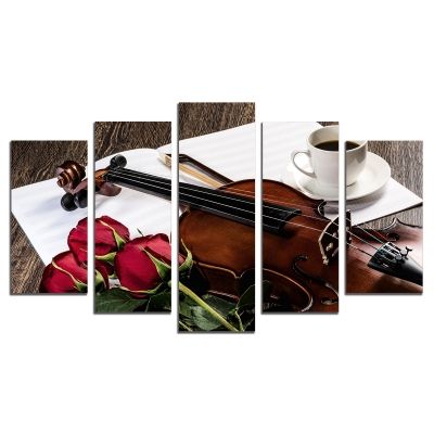 0551 Картина-пано от 5 части Романтична композиция с рози и цигулка