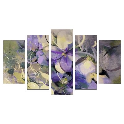 0669 Картина пано от 5 части Арт цветя в лилаво и бяло