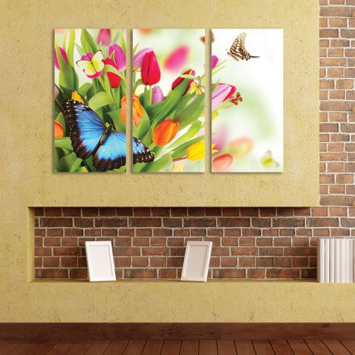 0064 Wall art decoration (set of 3 pieces)Tulips and butterflies