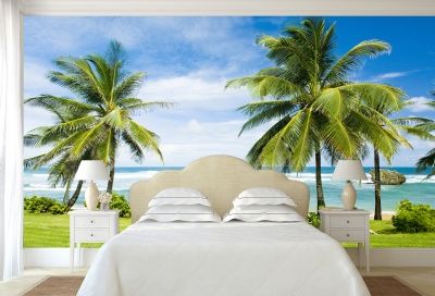 Фототапет за спалня с море, палми и плаж