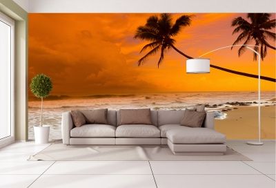 Фототапет в оранжево с палми и плаж за хол