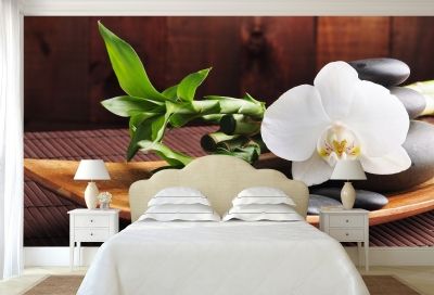 Дзен фототапет за спалня в кафяво с бяла орхидея