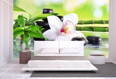 Дзен фототапет за спалня с композиция с бяла орхидея с отражение