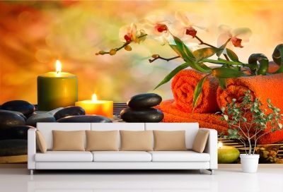 Спа Фототапет с композиция в оранжево с орхидеи, свещи и камъни