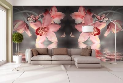 Дзен фототапет за спа салон с орхидеи и пеперуди в розово и сиво