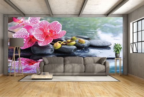 Спа Фототапет с композиция в синьо с орхидеи, вода и камъни