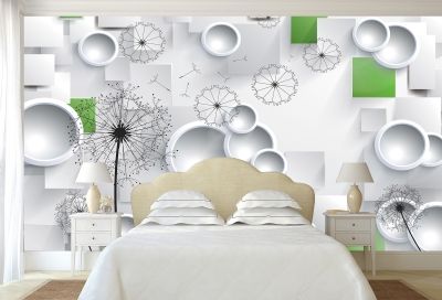 фототапет 3Д за спалня с глухарчета и кръгове в бяло и зелено