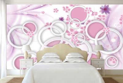 фототапет 3Д за спалня с абстрактни цветя и кръгове в розово