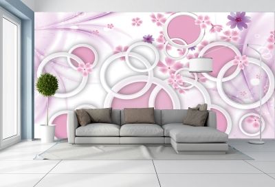 3Д Фототапет за всекидневна с абстрактни цветя и кръгове в розово
