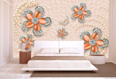3Д Фототапет за спалня с абстрактни цветя и диаманти в оранжево кръгове в розово