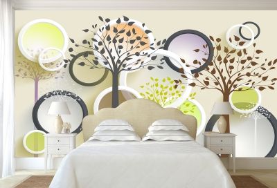 фототапет 3Д за спалня с абстрактни дървета и кръгове