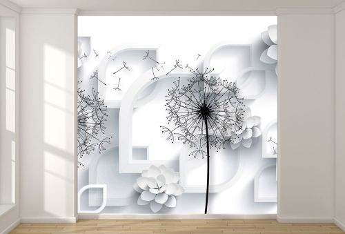 T9010 Wallpaper 3D Dandelions - white and black