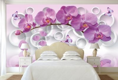 T9013 Фототапет 3D Лилави орхидеи за спалня в бяло