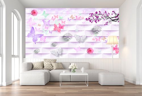 T9015 Wallpaper Butterflies and flowers