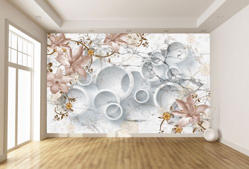 T9017 Wallpaper 3D Circles and vintage flowers