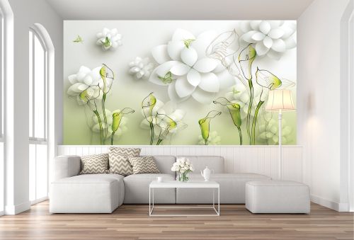 T9019 Фототапет 3D Цветя - бяло и зелено