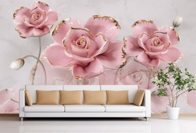 T9020 Фототапет 3D Цветя в розово и златно за хол
