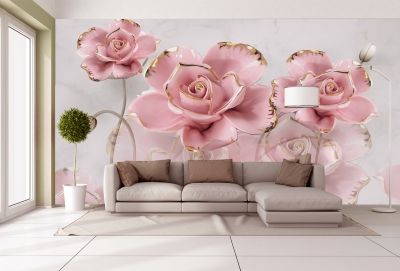 T9020 Фототапет 3D Цветя в розово и златно за всекидневна