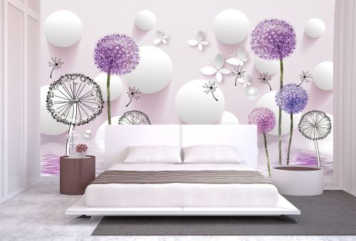 T9022 Wallpaper 3D Dandelions - white and purple