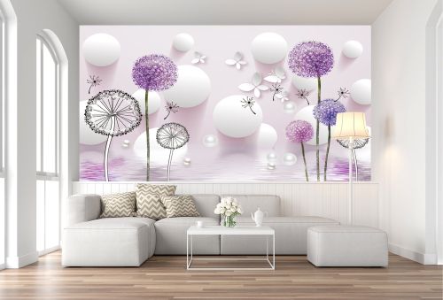 T9022 Wallpaper 3D Dandelions - white and purple