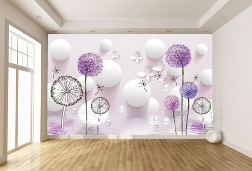 T9022 Wallpaper 3D Dandelions - white and purple