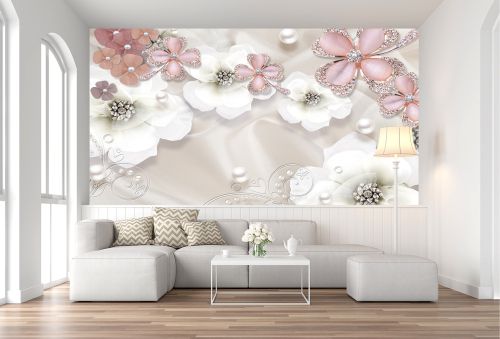 T9023 Wallpaper 3D Composition with flowers and jewelry