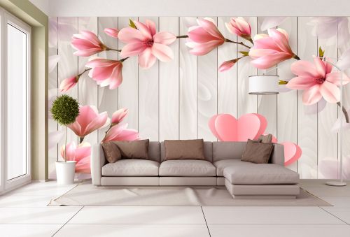 T9056 Wallpaper 3D Magnolias and hearts