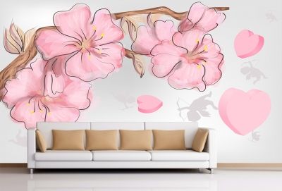 T9057 Фототапет Розови цветя и сърца за всекидневна