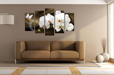 0750 Картина пано от 5 части Бели орхидеи на кафяв фон за спалня