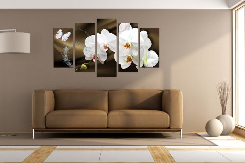 0750  Wall art decoration (set of 5 pieces) White orchids on brown background for bedroom