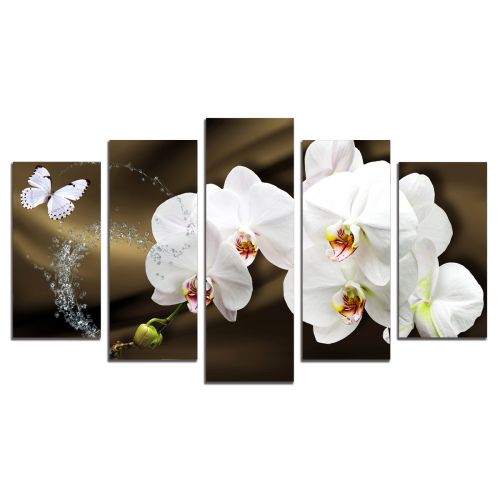 0750  Wall art decoration (set of 5 pieces) White orchids on brown background