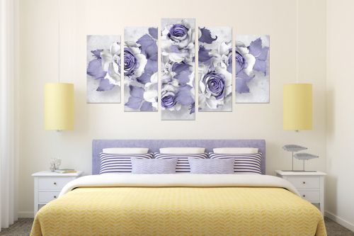 0751 Wall art decoration (set of 5 pieces) Abstract roses in purple and white