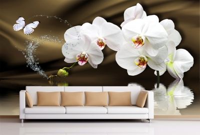 T0750 Фототапет Бели орхидеи на кафяв фон за хол