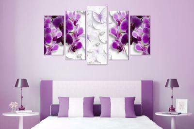 0752 Картина-пано от 5 части 3D орхидеи, пеперуди и диаманти за спалня