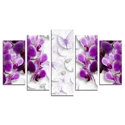 0752 Картина-пано от 5 части 3D орхидеи, пеперуди и диаманти