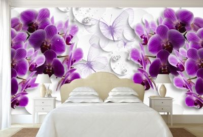 T0752 Фототапет 3D Орхидеи, пеперуди и диаманти в бяло и лилаво