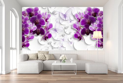 T0752 Wallpaper 3D Orchids, butterflies and diamonds