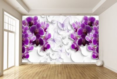 T0752 Фототапет 3D Орхидеи, пеперуди и диаманти