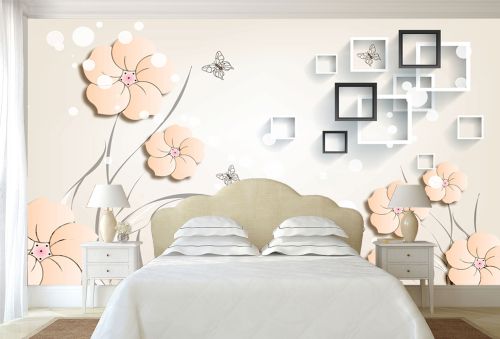 T9063 Wallpaper 3D Flowers, squares and butterflies