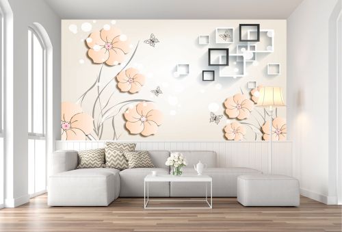 T9063 Wallpaper 3D Flowers, squares and butterflies