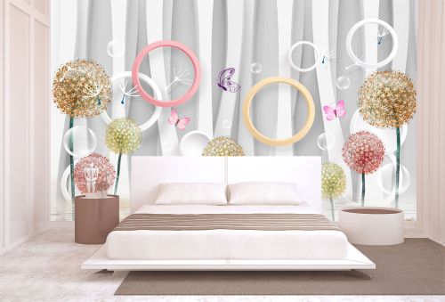 T9067 Wallpaper 3D Circles, dandelions and butterflies