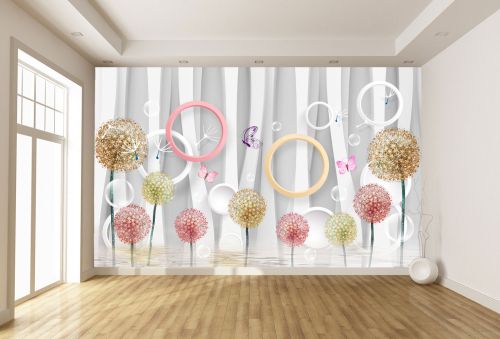 T9067 Wallpaper 3D Circles, dandelions and butterflies