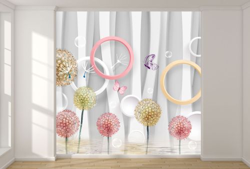 T9067 Wallpaper 3D Circles, dandelions and butterflies