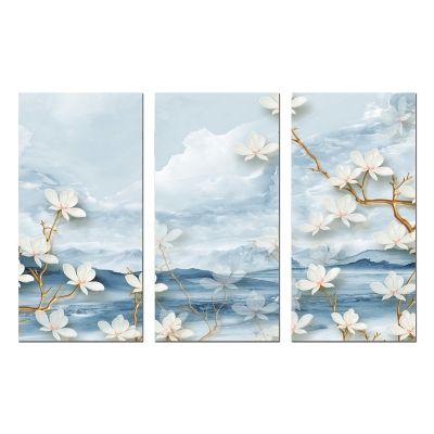 9024 Картина пано от 3 части Абстрактен пейзаж и цветя в синьо
