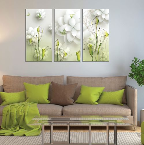 9019 Wall art decoration (set of 3 pieces) Flowers - white and green