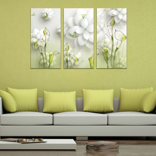 9019 Wall art decoration (set of 3 pieces) Flowers - white and green